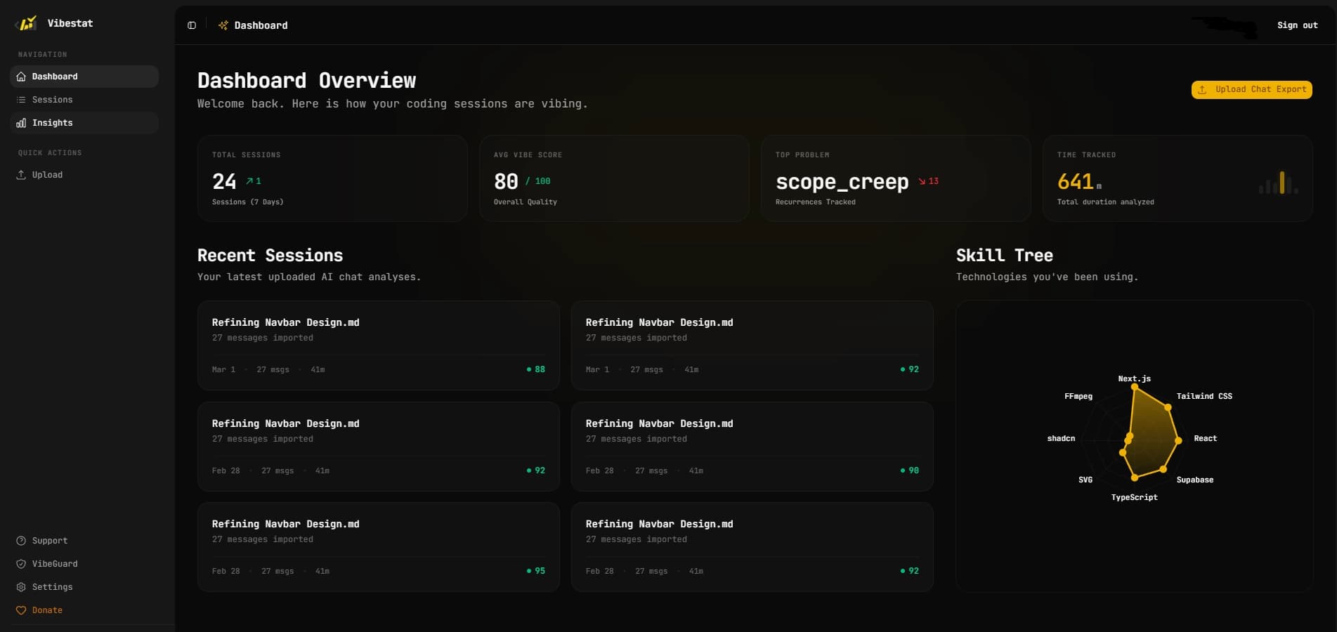 Vibestat dashboard preview